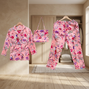 Ensemble de pyjama en coton imprimé doux et élégant pour femme, style esthétique, avec chemise et pantalon, idéal été/hiver, 100% coton - Product Image 3