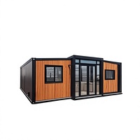 Maison conteneur modulaire extensible, structure en acier pliable, villa préfabriquée à grain de bois, espace de vie avec portes et fenêtres en verre