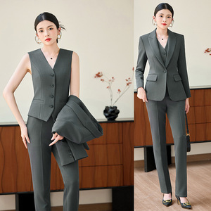 Women's Gray Three-Piece Suit Set With Vest And Blazer Full Sleeve Autumn Office Lady Workwear Anti-Wrinkle Polyester Worsted - Product Image 1