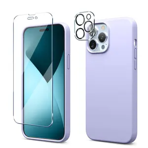 Casing Silikon Cair Set Lengkap dengan Pelindung Layar Kaca Tempered Pelindung Lensa Kamera untuk iPhone XR XS Max 11 12 13 Pro Max