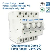   Disjoncteur basse tension Moeller série E6 E6-16/4/D 16A 4P 6kA Courbe D CE CCC ISO pour tableaux électriques industriels