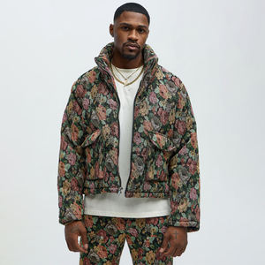 Chine Fabrication Pas Cher Floral Streetwear Mode Zipper Lithg Poids Jacquard Tissé <span class=keywords><strong>Tapisserie</strong></span> Recadrée Manteau Puffer - Product Image 2