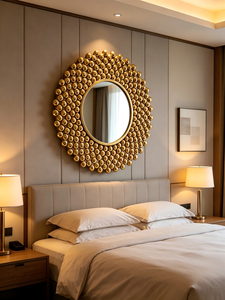 Miroir mural rond de luxe doré perlé, miroir décoratif artisanal à cadre sphérique pour entrée de villa, hôtel, décoration murale - Product Image 3