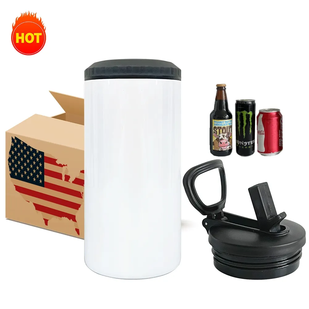 USA Warehouse outdoor travel 12oz 16oz Beer Sublimation 4-in-1 Cooler Tumbler skinny straight Beer Can Cooler with drink Lid