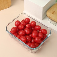 Ensemble de 3 bols rectangulaires pour salade de fruits, compatibles avec le micro-ondes, en verre borosilicate de haute qualité, récipient de stockage alimentaire, boîte à lunch, couvercle en bambou, 370 ml