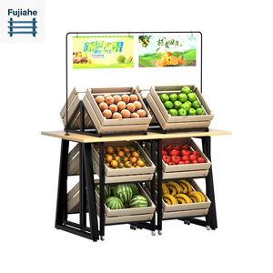 Étagère de présentation de produits à 3 niveaux Fujiahe avec 12 caisses en bois, présentoir îlot en acier pour supermarché, étagère à fruits et légumes avec porte-panneau - Product Image 5