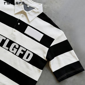 Camiseta Polo Oversize de Algodón Suave con Hombros Caídos, Diseño Boxy, Rayas Blancas y Negras, y Parche Bordado 3D Personalizado - Product Image 4