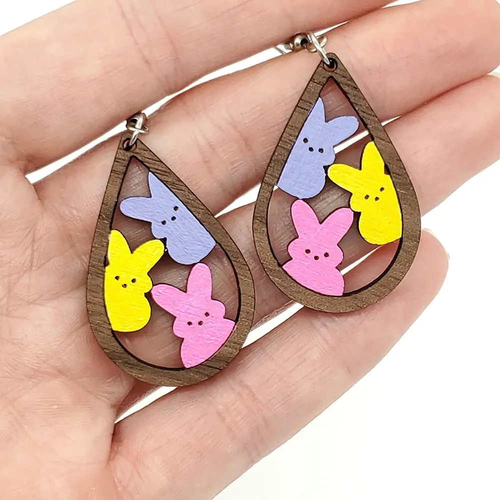 2023 New Easter Jewelry Candy Color Bunny Earrings For Girls Gift Retro Geometric Hollow Teardrop Wooden Earrings