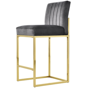 Silla de Bar Moderna de Altura Fija con Asiento Acolchado de Terciopelo Negro y Patas Tubulares de Metal Dorado para Restaurante, Hogar o Bar - Product Image 3