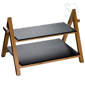 Planche à fromage à 2 niveaux avec deux pièces d'ardoise Planche à fromage en bois de bambou Planche à charcuterie de bonne qualité - Product Image 2