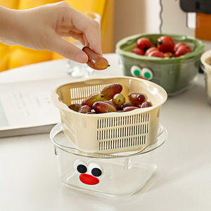 Double Layer Drain <b>Basket</b> Plastic Fruit <b>Vegetable</b> Washing Filter 15.5x15.5x8cm Green And White Household Kitchen Strainer - Product Image 4