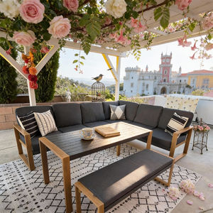 Conjunto de Sofás Seccionales Rústicos para Exteriores con Banco y Mesa de Centro, Colores Personalizables, Duraderos para Patio, Jardín, Balcón - Product Image 1