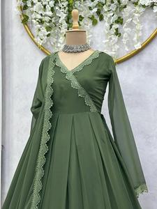 Heavy Beautiful Designer <b>Green</b> Long Flared Anarkali Gown With <b>Lace</b> Work Dupatta Indian Ethnic Wear for Women and Girls - Product Image 2