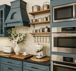 Gabinetes de Cocina de Madera Maciza de Estilo Clásico de Lujo con Acabado Verde Azulado, Encimera de Mármol y Electrodomésticos Integrados - Product Image 4