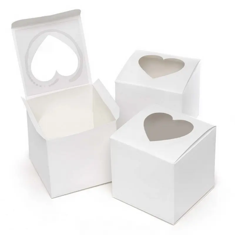 Kotak Kemasan Cupcake Muffin Kertas Kraft Putih Scatola Torta Kotak Kue Cup Tunggal Bening dengan Jendela Hati Kotak Kue Kecil