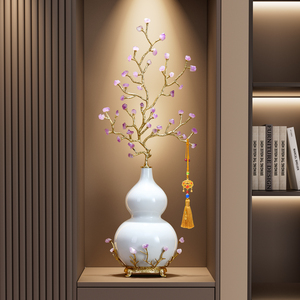 Vase en céramique en forme de gourde avec arbre à monnaie en améthyste, ornement en porcelaine bleue et blanche, décoration de prospérité pour salon et entrée - Product Image 3