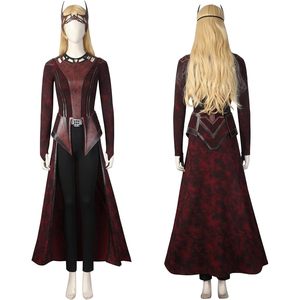 Disfraz de bruja escarlata para mujer SINSEN, traje de cosplay de <span class=keywords><strong>Wanda</strong></span> Maximoff, chaqueta con capucha, pantalones, tocado, conjunto completo para fiesta de <span class=keywords><strong>Halloween</strong></span> - Product Image 3