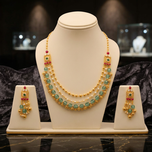 Ensemble de bijoux fins couleur or, collier superposé et boucles d'oreilles, pendentif perle verte, pour mariage et fête - Product Image 5