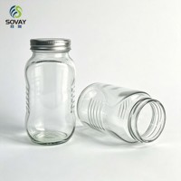 Pot en verre transparent de 330 ml, haut et côtelé, avec couvercle métallique à vis, idéal pour le miel, la confiture, la sauce chili et l'emballage alimentaire