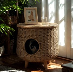 เตียงแมวไม้ดีไซน์ใหม่ปี 2024 รูปทรงถ้ำ ใช้เป็นโต๊ะข้างเตียงได้  ทำจากหวายสาน  บ้านแมวสำหรับทุกฤดู บรรจุภัณฑ์กล่องกระดาษ - Product Image 5