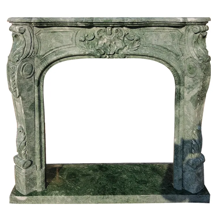 Rivestimento del camino in marmo Verde classico intagliato a mano, mensola del camino in pietra