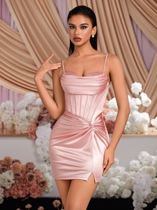 Robe de Soirée Rose de Luxe en Satin pour Femme, Bustier, Fendue Haute, Froncée, pour Bal, Fête, Mariage, Invitée, Tenue Formelle – Vente en Gros - Product Image 4