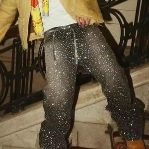 Pantaloni Vintage in Denim a gamba larga con strass lucido per uomo <span class=keywords><strong>abbigliamento</strong></span> <span class=keywords><strong>Streetwear</strong></span> con coulisse lungo per produttore - Product Image 2