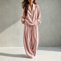Ensemble de vêtements de détente pour femmes avec logo personnalisé, en velours uni, 2 pièces, col rabattu, demi-fermeture éclair, haut à manches longues, pantalon large
