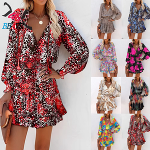 New <b>Style</b> Floral Print Summer Floral Long-Sleeved Dress Women Elegant V-Neck Sleeve Knee-Length Dress Ladies A-Line Dresses - Product Image 6