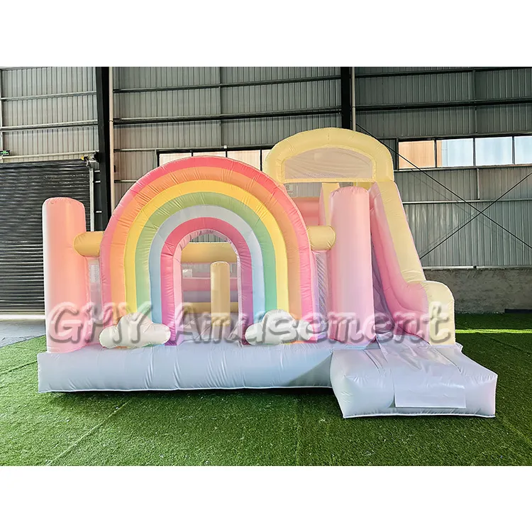 Goedkope Prijs Pvc Pastel Regenboog Springkasteel Opblaasbare Commerciële Met Glijbaan Kid Opblaasbare Bounce Huis Voor Feest Verhuur