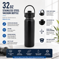 Bouteille d'eau en acier inoxydable de 32 oz, bouteille isotherme sous vide avec couvercle à ouverture à une touche breveté, large ouverture, anti-fuite, poignée amovible