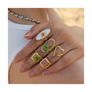 XIXI Summer Trendy Dainty 18K Gold Plated Stainless Steel Square Oval Shape Women Eternal Plum Flower Open Fashion Jewelry Ring
