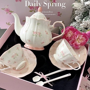 French Romantic Pink Porcelain Cup and Saucer with <b>Teapot</b> Gift Box Set Vintage Rose Rabbit Coffee Afternoon Tea Eco-Friendly - Product Image 1