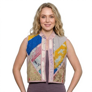 New Arrival Indian Handmade Cotton <b>Patchwork</b> Multicolor Kantha Vintage Short Breathable Eco-Friendly Button V-neck Women's Vest - Product Image 1