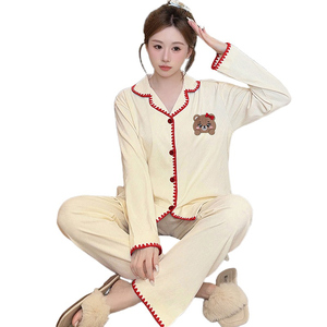 여성용 곰 만화 프린트 칼라 긴팔 바지 세트 가을 홈웨어 파자마 - Product Image 1