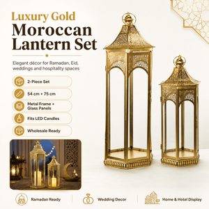 Ensemble de lanternes en verre et métal marocaines dorées en gros pour le Ramadan, grande lanterne à bougie pour la décoration du Ramadan, de l'Aïd et des mariages - Product Image 2