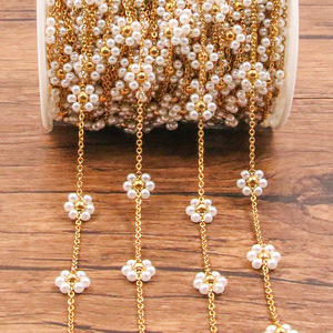 Aceworks Pearl Flower Station Chain by Meter | 18K PVD Gold Plated Stainless Steel <b>Beaded</b> Link Chain Necklace <b>Bracelet</b> <b>Making</b> - Product Image 4