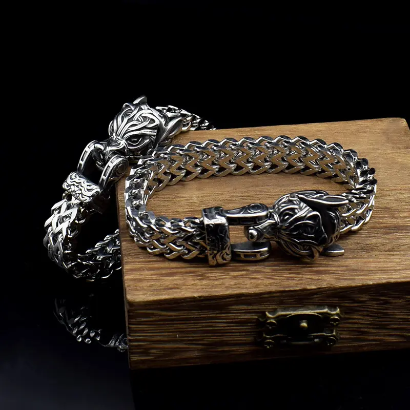 Wolf Viking Bracelet Men Stainless Steel Chain Bracelet Hip Hop Wholesale Mens Bracelet Cuban Chian Viking Jewelry