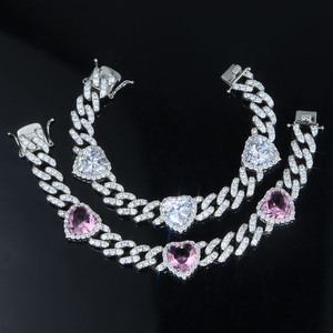 Lớn Màu Hồng Trái Tim Lãng Mạn Nữ Cô Gái Vòng Cổ Vòng Tay Bông Tai Nhẫn Set Cuba Chuỗi Paved Rõ Ràng Cubic Zirconia Trang Sức Bộ - Product Image 2