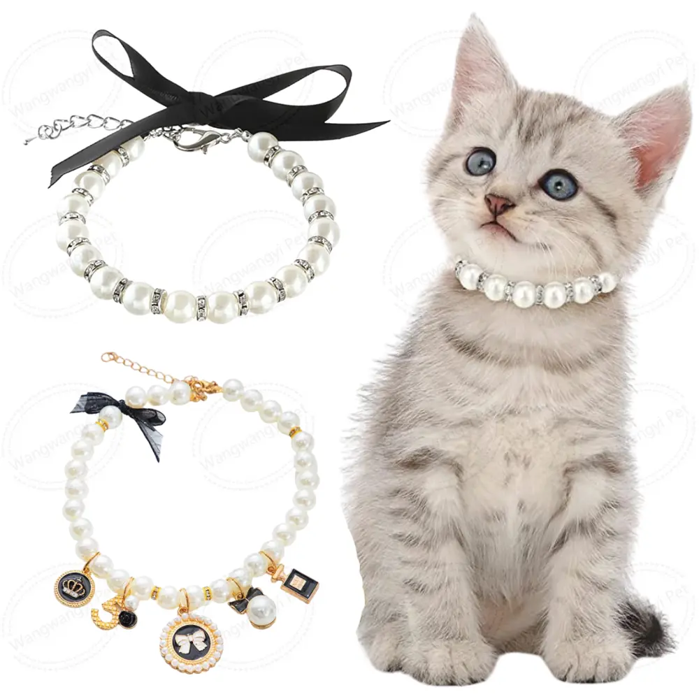 Collar de lujo con perlas y diamantes de imitación para perros, Collar de boda con diseño de gato