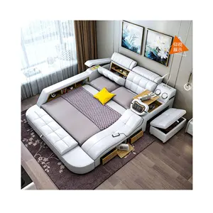 Tempat Tidur Kulit Pintar dengan Tempat Tidur Fungsi Pijat dengan Set Kamar Tidur Modern Mewah USB dengan Speaker Nirkabel