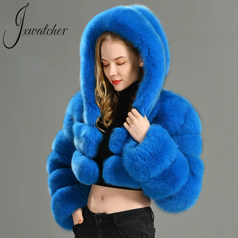 Jxwatcher 2021 महिलाओं सर्दियों फैशन लक्जरी शराबी फर जैकेट फुल आस्तीन Hooded डिजाइन देवियों फसली असली फॉक्स फर कोट