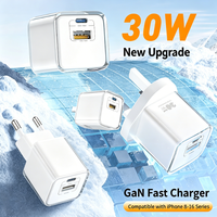 Chargeur mural USB-C mini portable 30W GaN PD 3.0 PPS à double port, coque transparente, charge rapide, OTP pour téléphone, tablette, écouteurs