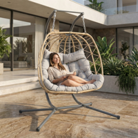 Fauteuil suspendu double moderne pour l'extérieur, cadre en acier métallique, chaise à bascule en rotin PE, siège à bascule robuste, coussin imperméable, patio