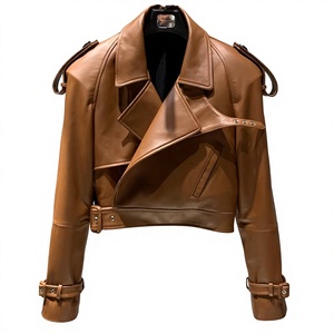 <b>Women</b> <b>Brown</b> Asymmetric Motorcycle <b>Jacket</b> Turn-down Collar Rivet Belt Long Sleeve Short Autumn Wholesale Custom LOGO Design 2026 - Product Image 3