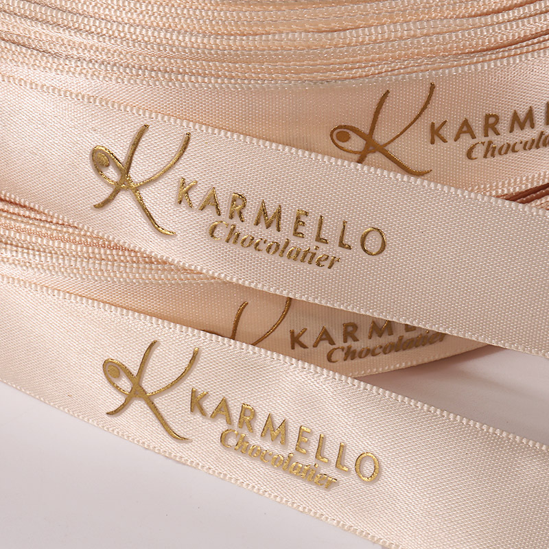 Factory Hot Sale Custom Logo 1.5cm 2cm 2.5cm Gift Ribbon Gold Foil Printed Brand Name Polyester Satin Ribbon Image 5