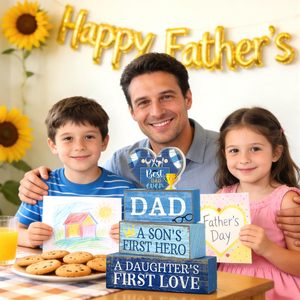 Décor en blocs <span class=keywords><strong>de</strong></span> bois 'Meilleur Papa <span class=keywords><strong>de</strong></span> Tous les Temps' avec support d'étagère à niveaux, Cadeau Fête des Pères Anniversaire, Panneau d'émotion 'Héroïque Amour' - Product Image 3