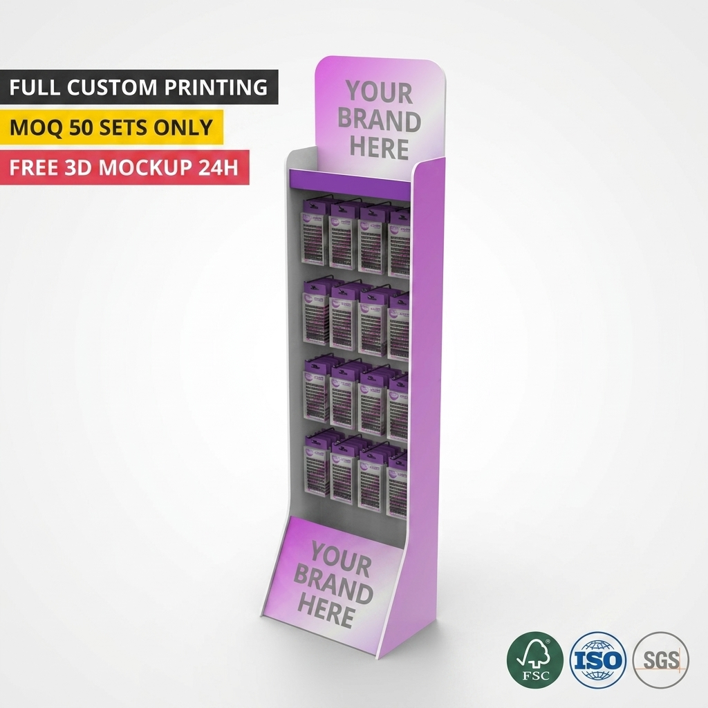 Custom Branding PVC Eyelash Floor Display Stand With Hooks- 4 Tier Modular Makeup & Lash Retail Rack for Beauty Store — view 1