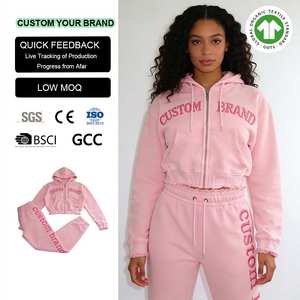Custom Streetwear Sweatsuit <strong>Cut</strong> Sew Applique Distressed Embroidery Patch Cropped Hoodie and Sweatpants Set Tracksuits for <strong>Women</strong> - Product Image 1