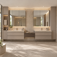 Ensemble de meuble-lavabo mural flottant minimaliste et chaleureux avec double vasque, miroir LED et tiroirs à fermeture douce